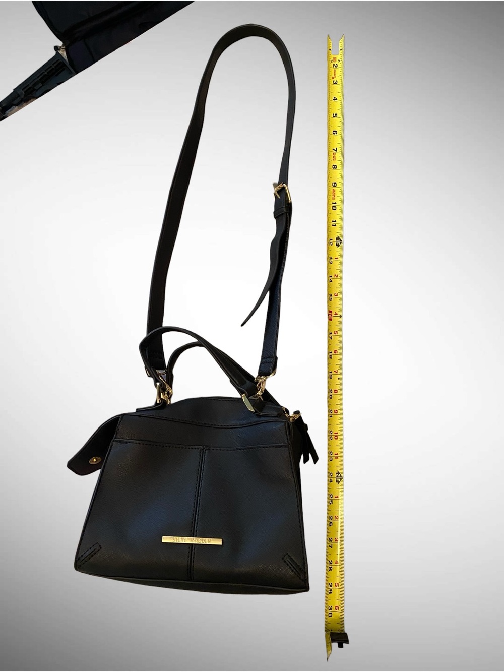 Steve Madden Black Leather Top-Handle Crossbody Bag with Gold Accents - Picture 12 of 15